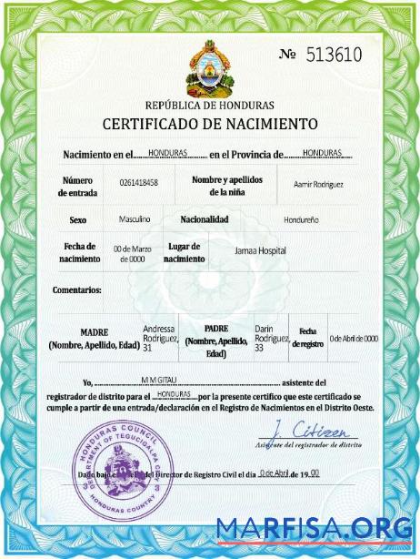 Realistic Honduras birth certificate in spanish template
